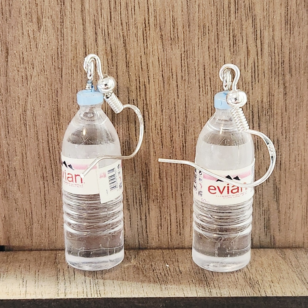 Miniature Evian Water Bottle Dangle Earrings Novelty Kitsch Jewelry Silver Tone